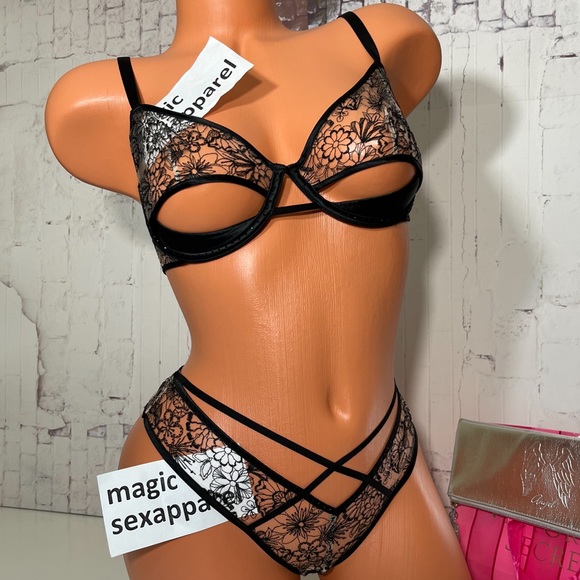 Victoria's Secret Other - VS LUXE 34 36 BRA M PANTY SET CRYSTALS EMBROIDERY SATIN PEEKABOO CUT OUT FLORAL